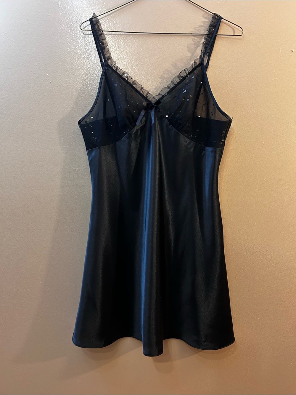 Black Satin Slip Chemise with Sheer Lace & Sparkle Accents